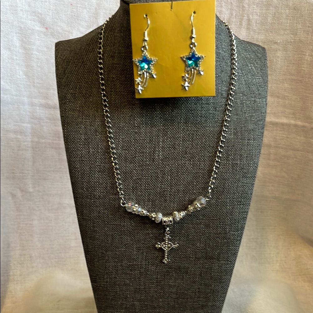 Hand Crafted Wishing Upon a Star With Cross Necklace and Earring Set
